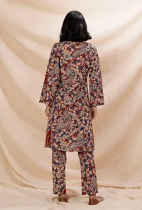 Set of 2: Rust Red Kalamkari Flared Cotton Kurta With Straight Cotton Pants image 5