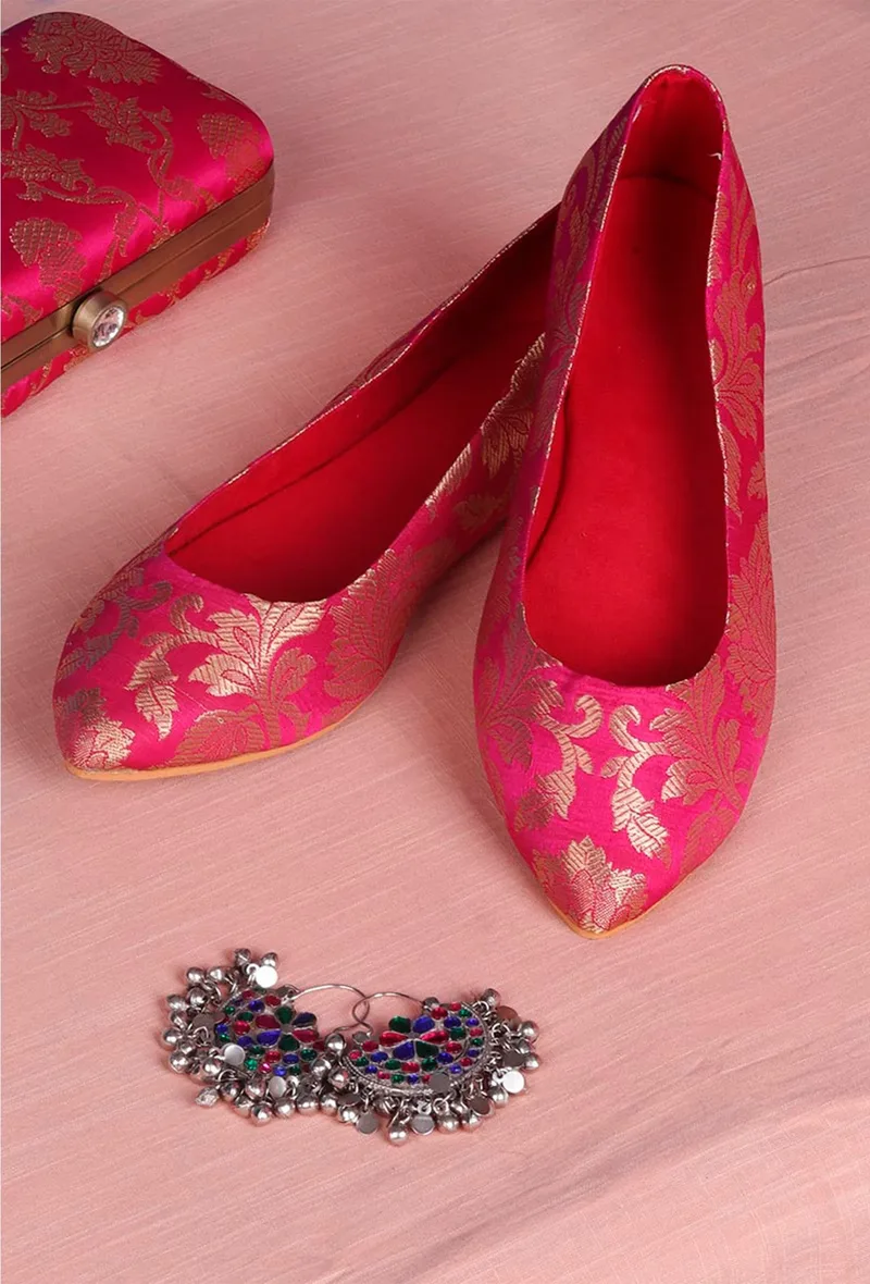 Fuschia Brocade Pointed Toe Ballerina Flats