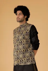 Olive Green Ajrakh Print Cotton Sleeveless Nehru Jacket image 2