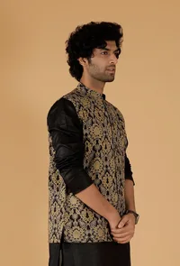 Olive Green Ajrakh Print Cotton Sleeveless Nehru Jacket image 3
