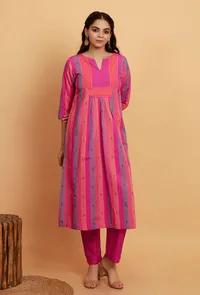 Set of 2: Pink Multi Color Woven Stripe Kurta with Pink Straight Pants image 1