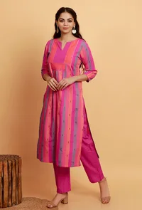 Set of 2: Pink Multi Color Woven Stripe Kurta with Pink Straight Pants image 2