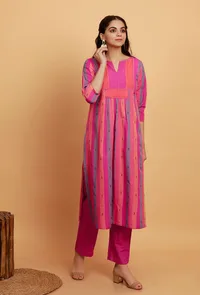 Set of 2: Pink Multi Color Woven Stripe Kurta with Pink Straight Pants image 3