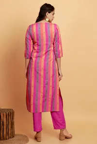 Set of 2: Pink Multi Color Woven Stripe Kurta with Pink Straight Pants image 4