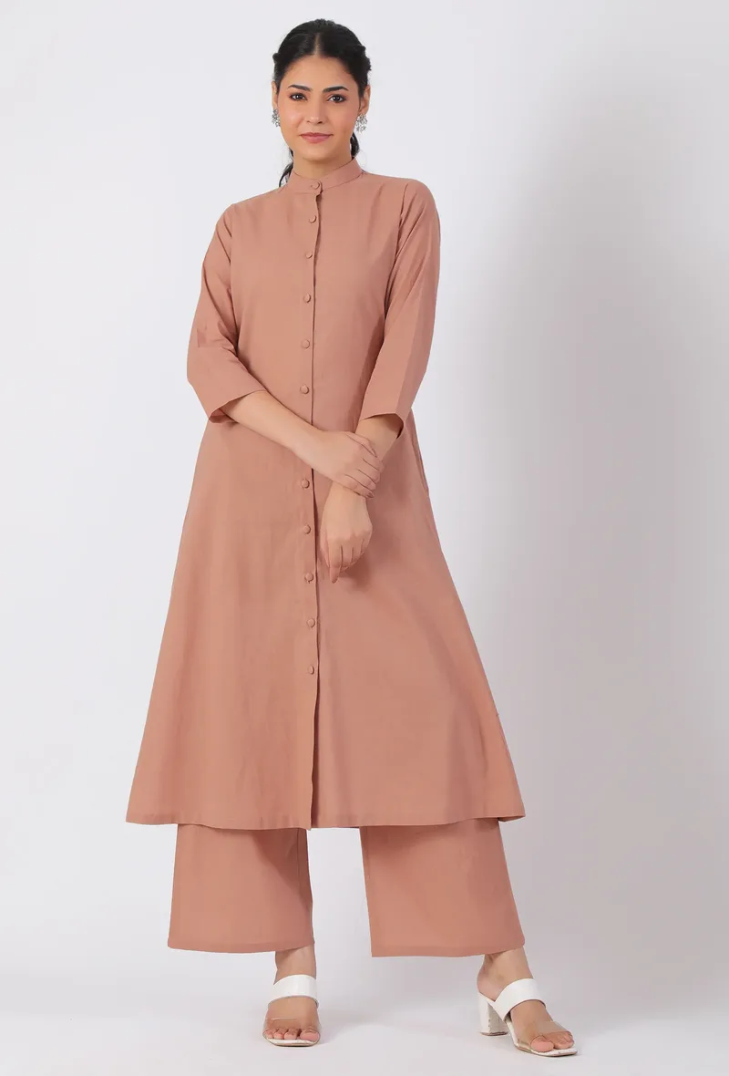 Set Of 2-Copper Cotton A-Line Kurta With Copper Cotton Flared Pants