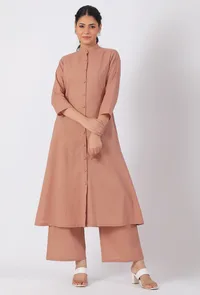 Set Of 2-Copper Cotton A-Line Kurta With Copper Cotton Flared Pants image 1