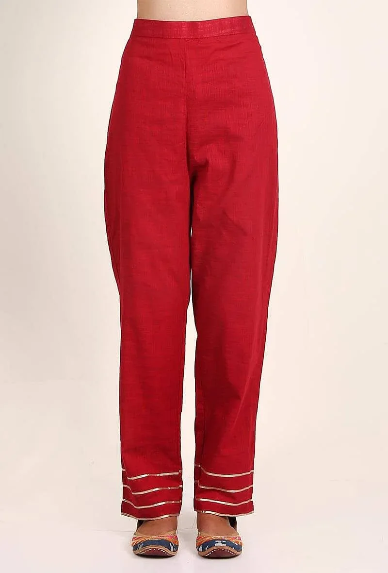 Crimson Red Handloom Cotton Gota Palazzo