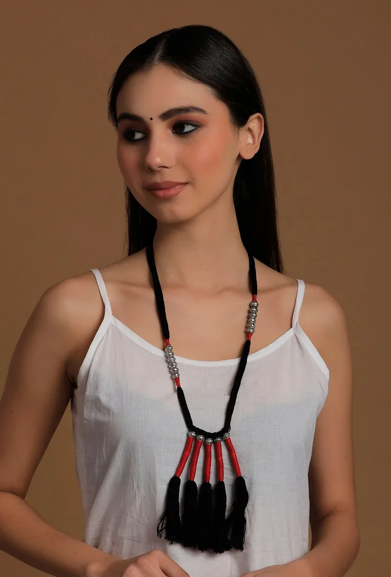 Lishika Red and Black Tassels Tribal Necklace
