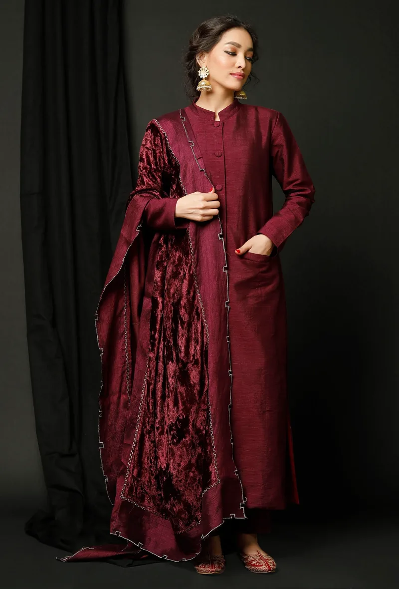 Set of 3 : Wine Raw Silk Achkan With Wine Pants and Wine Velvet Odhani with Silver Embroidery