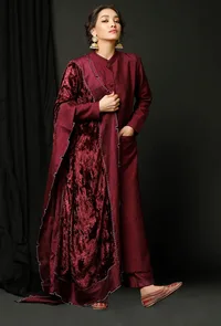 Set of 3 : Wine Raw Silk Achkan With Wine Pants and Wine Velvet Odhani with Silver Embroidery image 2