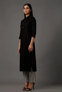 Black Pure Woven Cotton Kurta image 2