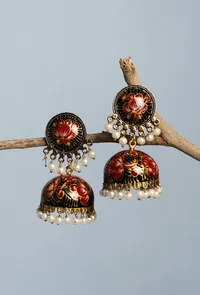 Hand Painted Pink And Green Meenakari Jhumki image 1