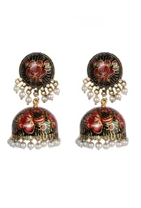 Hand Painted Pink And Green Meenakari Jhumki image 2