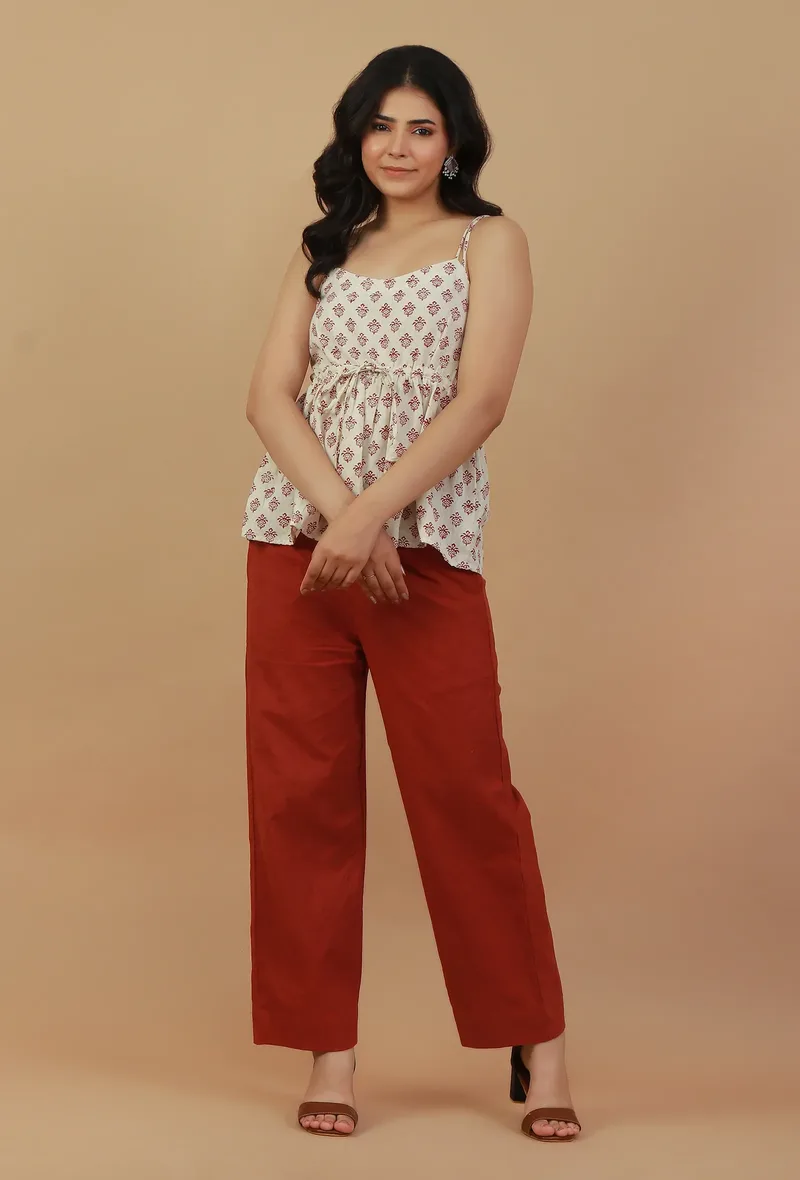 Set of 2: Ivory Hand Block Printed Spaghetti Top with Rust Straight Pants