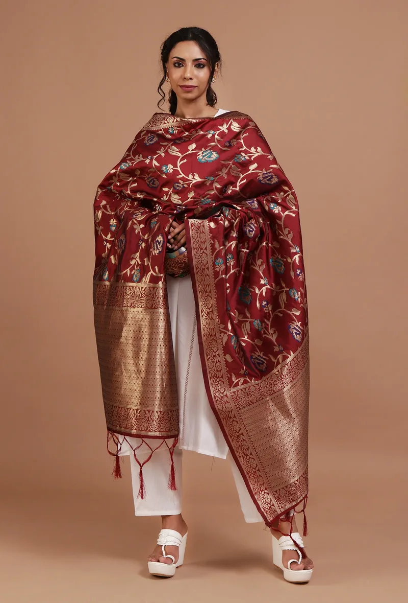 Maroon Color Semi Silk Dupatta With Zari Weaving