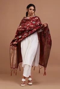 Maroon Color Semi Silk Dupatta With Zari Weaving image 2