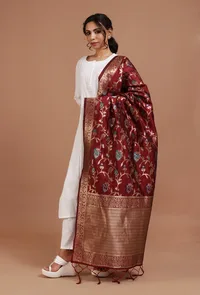 Maroon Color Semi Silk Dupatta With Zari Weaving image 3