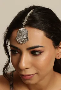 Trendy Stylish German Silver Partywear Round Shaped Square Bead Maangtikka image 1