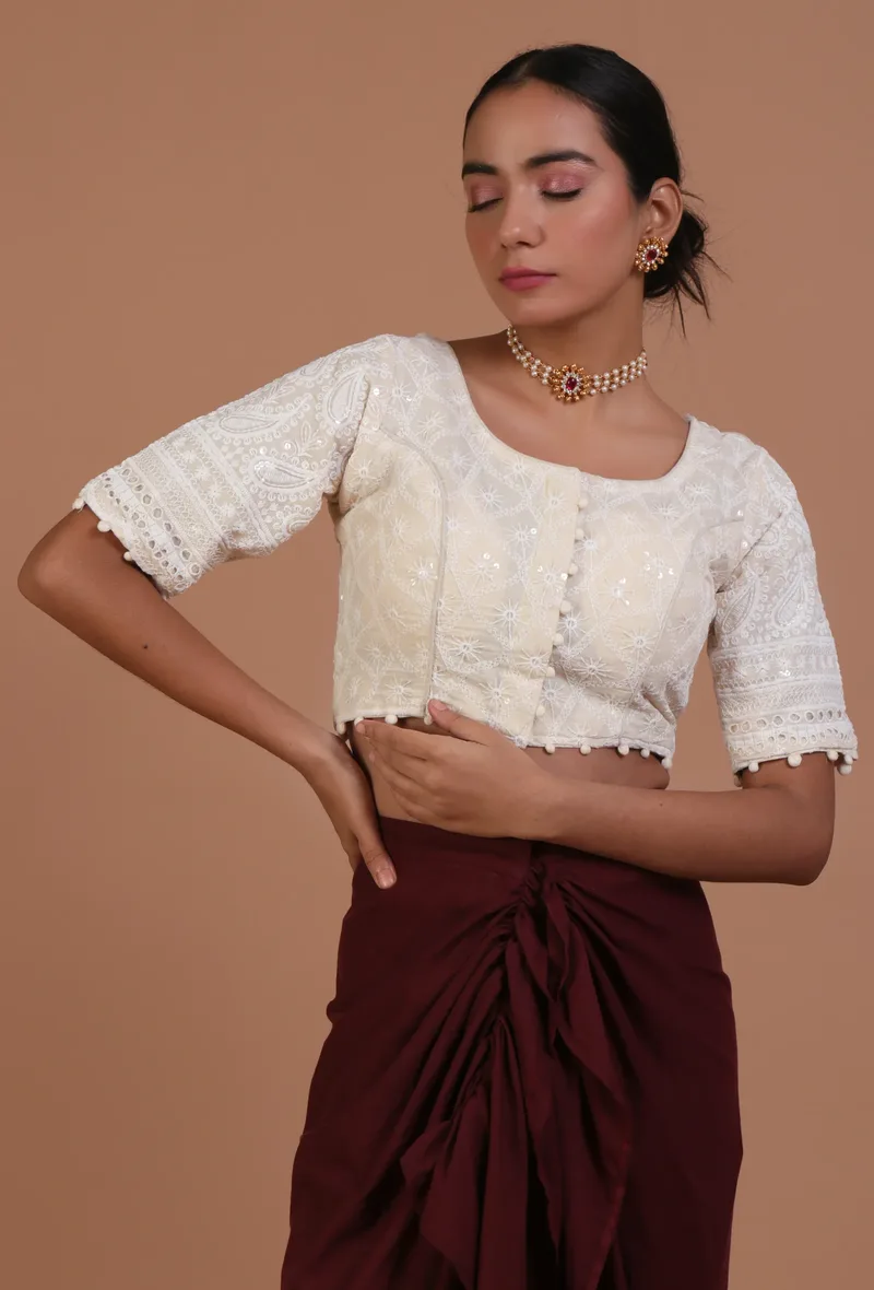 Off White Color Cotton Chikankari Blouse