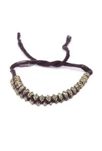 Set Of 2: Dridha Brown Thread & Antique Plated Brass Beaded Anklets image 2