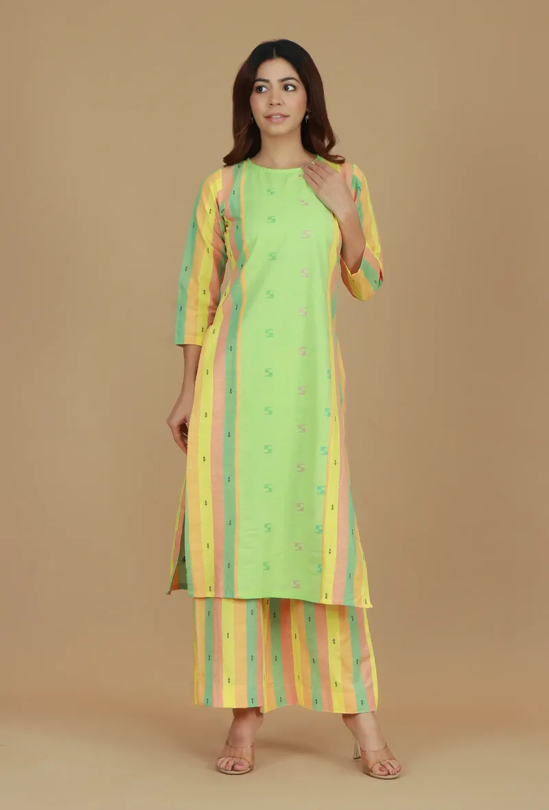 Lime Green & Yellow Striped Cotton Viscose Kurta
