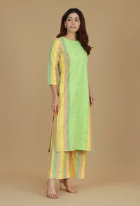 Lime Green & Yellow Striped Cotton Viscose Kurta image 2
