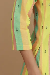 Lime Green & Yellow Striped Cotton Viscose Kurta image 6