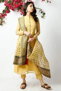 Set of 3: The Mischievious Yellow Cotton Kurta with Matching Dupatta and Pants image 1