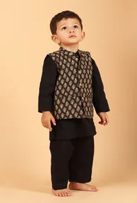 Set of 3: Kiaan Black Cotton Kurta, Pyjama & Ajrakh Print Nehru Jacket image 1