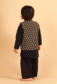 Set of 3: Kiaan Black Cotton Kurta, Pyjama & Ajrakh Print Nehru Jacket image 2