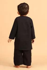 Set of 3: Kiaan Black Cotton Kurta, Pyjama & Ajrakh Print Nehru Jacket image 4