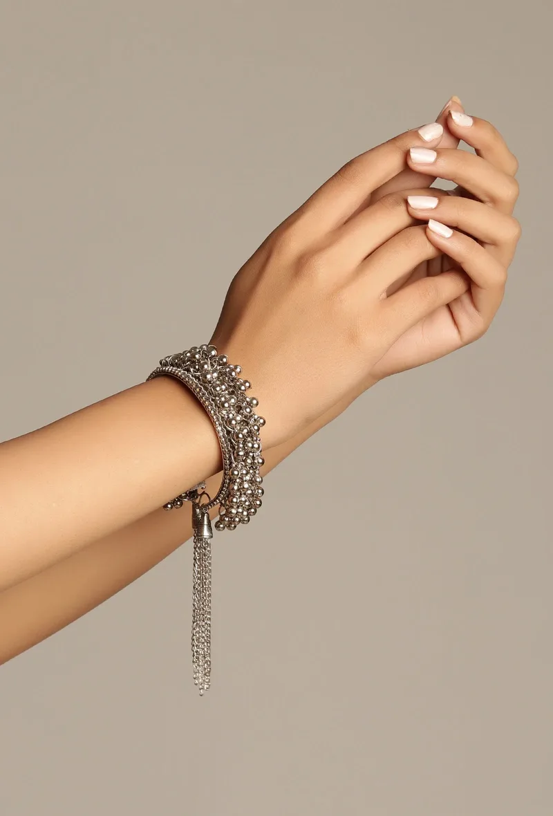 German Silver Partywear Silver Adjustable Size Ghunghru Tassel Bracelet