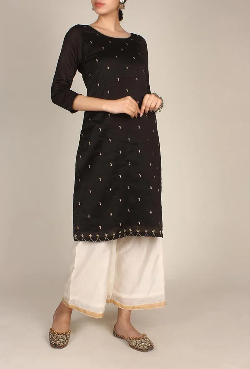 Black Chanderi Kurta With Zari Embroidery