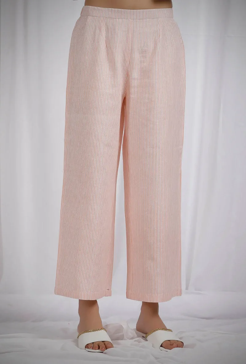 Orange Woven Cotton Striped Straight Fit Pants