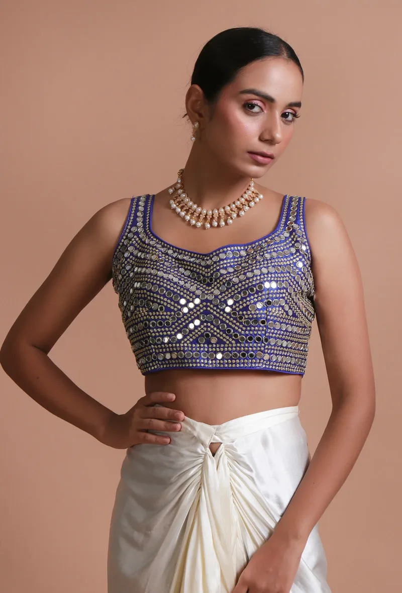 Blue Color Raw Silk Mirror Work Blouse