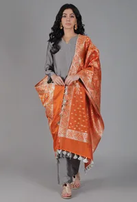 Apricot Orange Chanderi Brocade Dupatta image 1