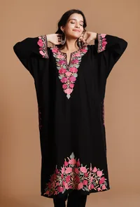 Charcoal Cozy Aari Embroidered Kashmiri Phiran-Free Size image 1