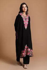 Charcoal Cozy Aari Embroidered Kashmiri Phiran-Free Size image 2