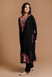 Charcoal Cozy Aari Embroidered Kashmiri Phiran-Free Size image 3