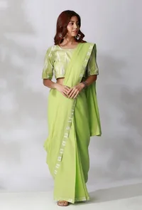 Set Of 2- Lime Green Ikkat Border Saree with Lime Green Ikkat Blouse image 1