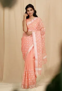 Set Of 2: Peach Kota Doria Cotton Saree With Stitched Blouse image 1
