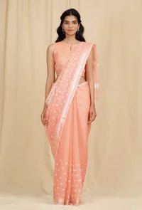 Set Of 2: Peach Kota Doria Cotton Saree With Stitched Blouse image 2