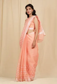 Set Of 2: Peach Kota Doria Cotton Saree With Stitched Blouse image 3