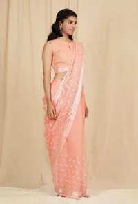 Set Of 2: Peach Kota Doria Cotton Saree With Stitched Blouse image 4