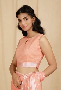 Set Of 2: Peach Kota Doria Cotton Saree With Stitched Blouse image 6