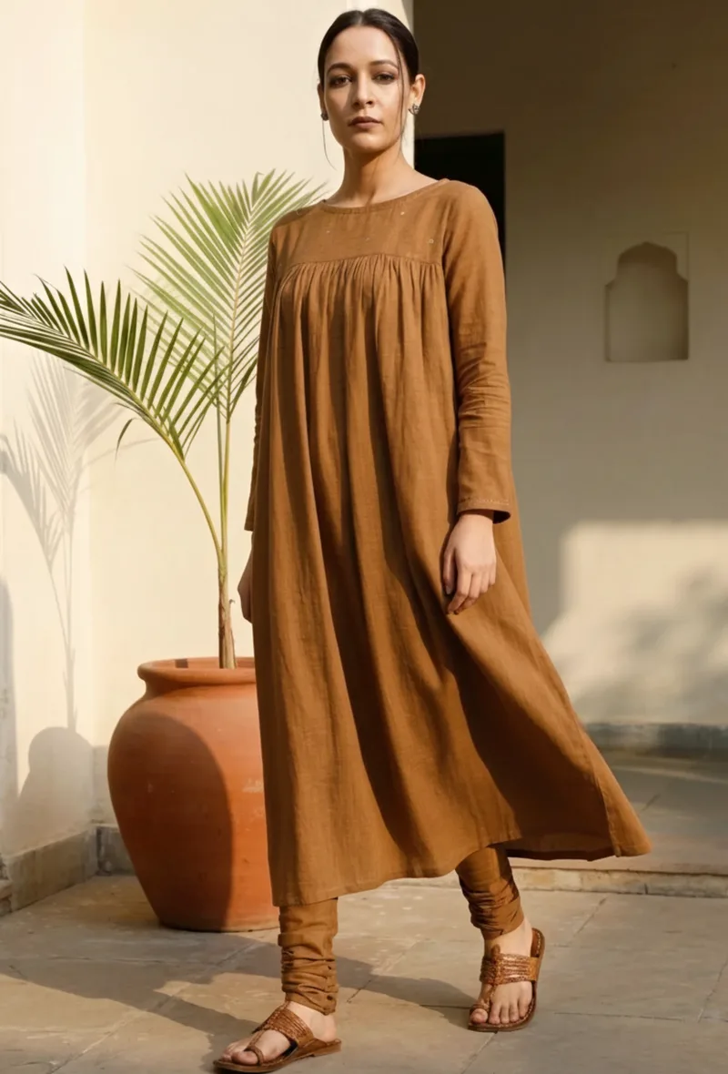 Khaki Cotton Slub Gathered Kurta
