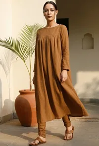 Khaki Cotton Slub Gathered Kurta image 1
