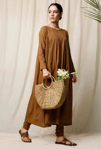 Khaki Cotton Slub Gathered Kurta image 3