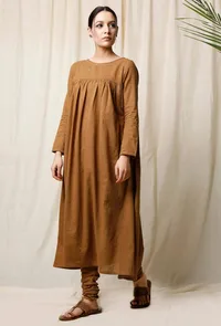 Khaki Cotton Slub Gathered Kurta image 4
