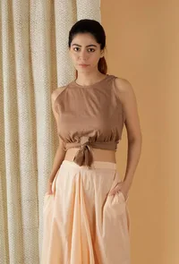 Mulmul Cotton Solid Tan brown Crop Top With Knotted Belt image 1
